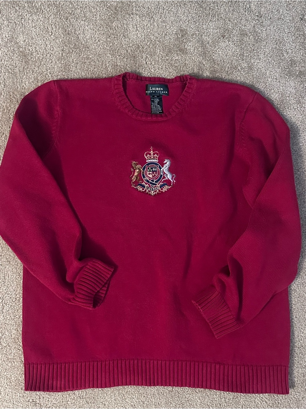 Vintage Lauren Ralph Lauren Green Label Crest Sweater Red Cotton Crewneck XL 90s